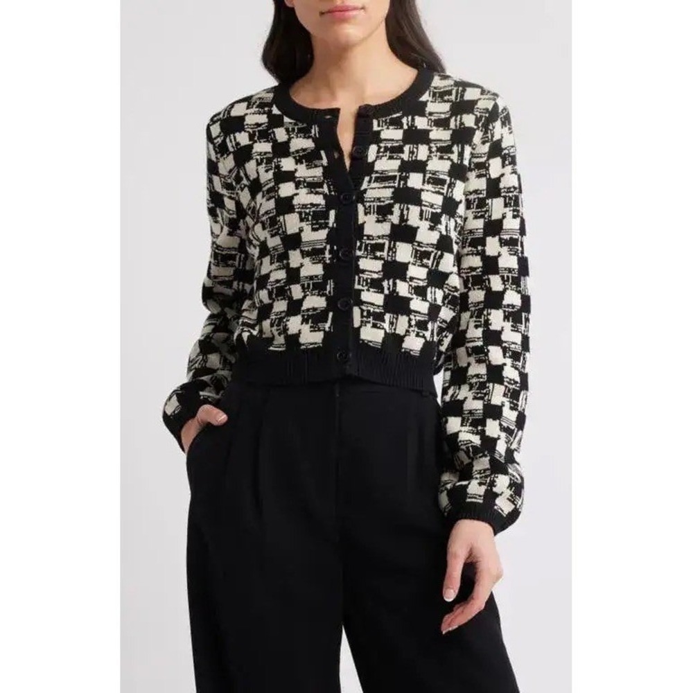 NWT!! CLEOBELLA Marybeth Biarritz Cardigan Sweater Black Ivory Cropped Large
